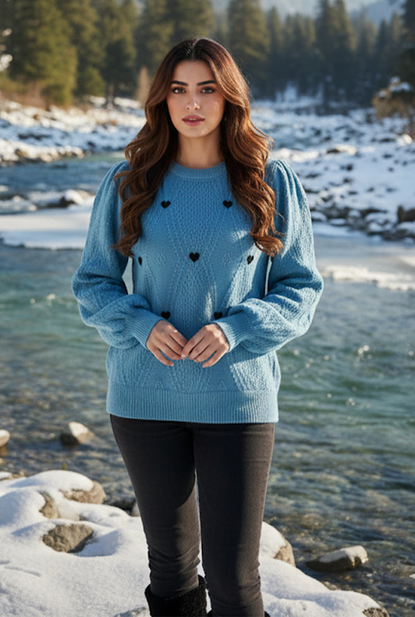 Blue Sweater with cute black hearts